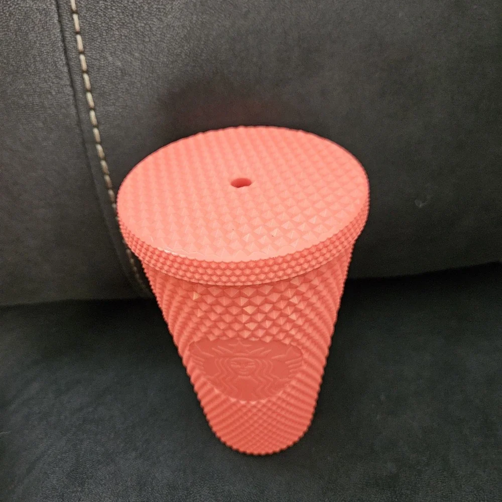 Starbucks Coral Salmon Pink Studded Grid Tumbler Cold Cup 16 oz (No Straw)